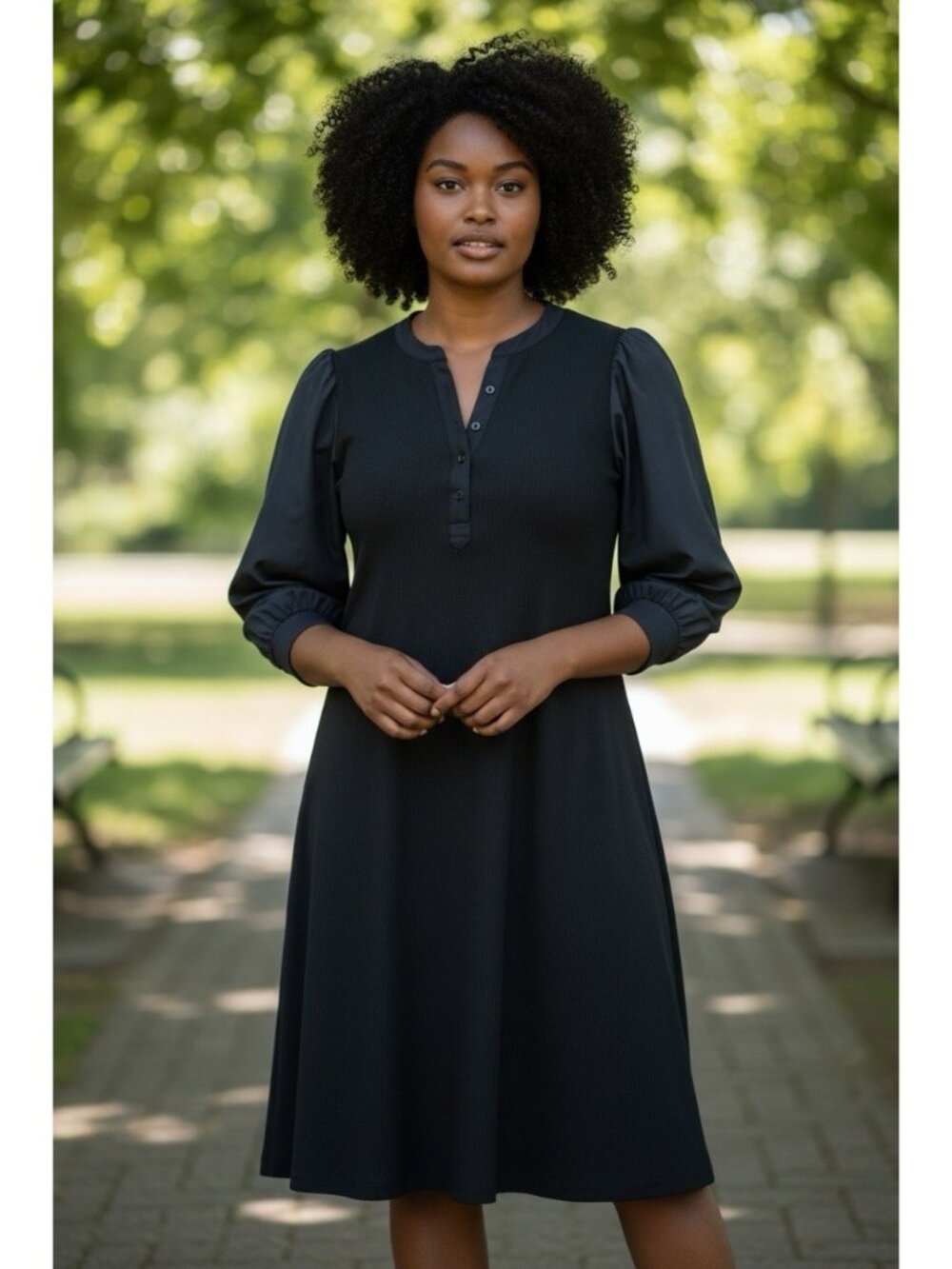 New Chicos Henley Dress Womens 3 XL-16 Solid Classic Navy Blue Short Puff Sleeve